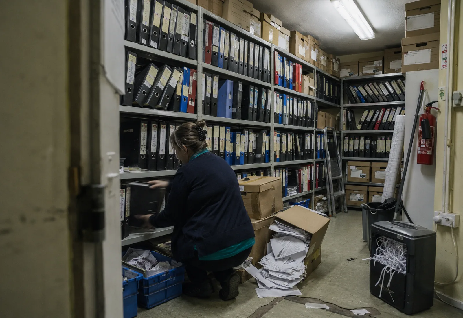 A care office storage room lined with shelves of paper files and archive boxes.