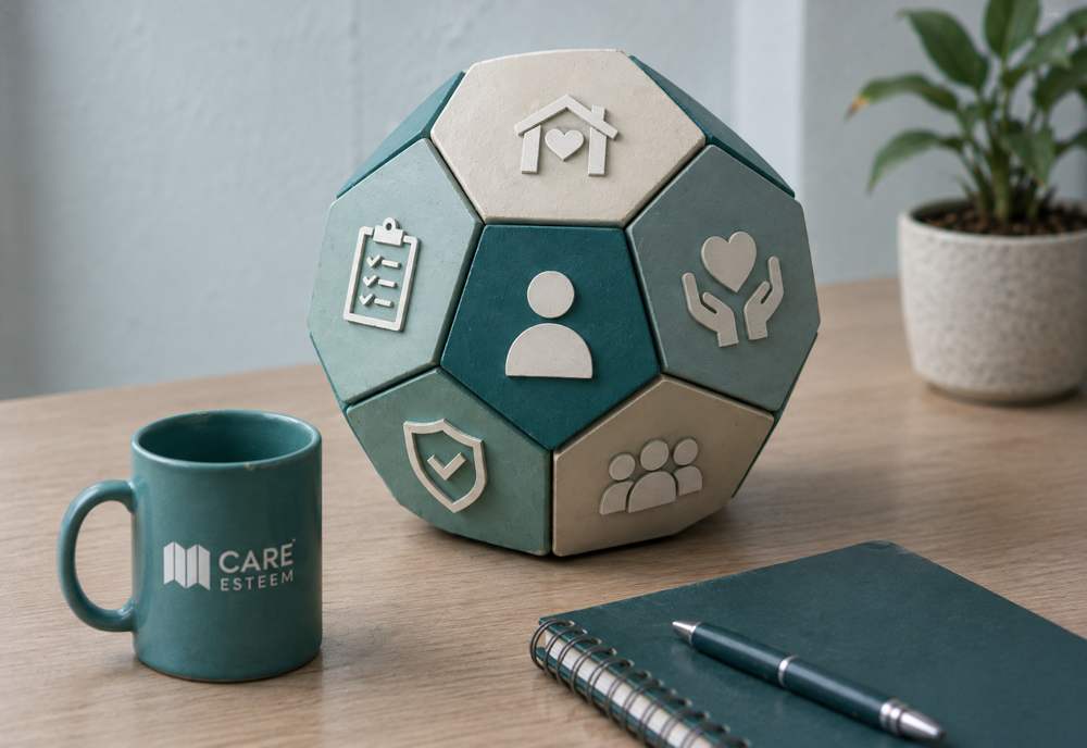 A Care Esteem desk object with twelve faces, each carrying an icon for part of care management, beside a branded mug and notebook.